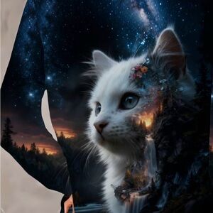 White Cat Galaxy Print Long Sleeved Shirt